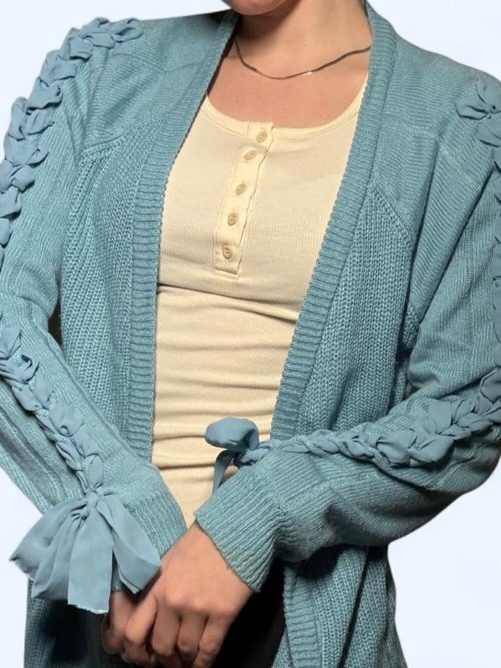 Lane Bryant powder blue knit cardigan with ribbon crisscross - Size L